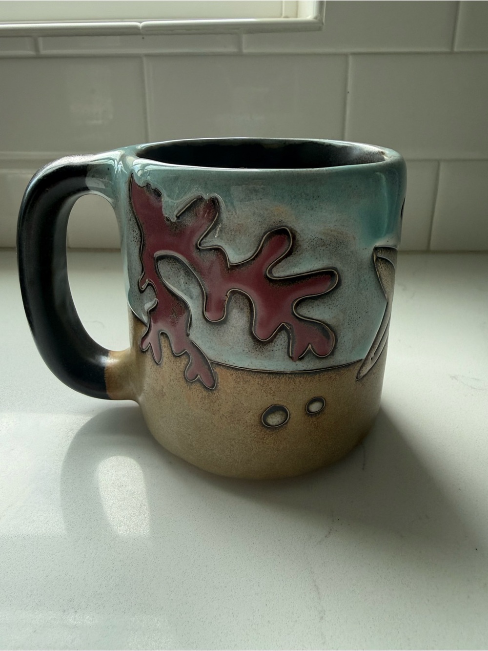 Ceramic Mug in Teal, Tan & Maroon with Organic Motif